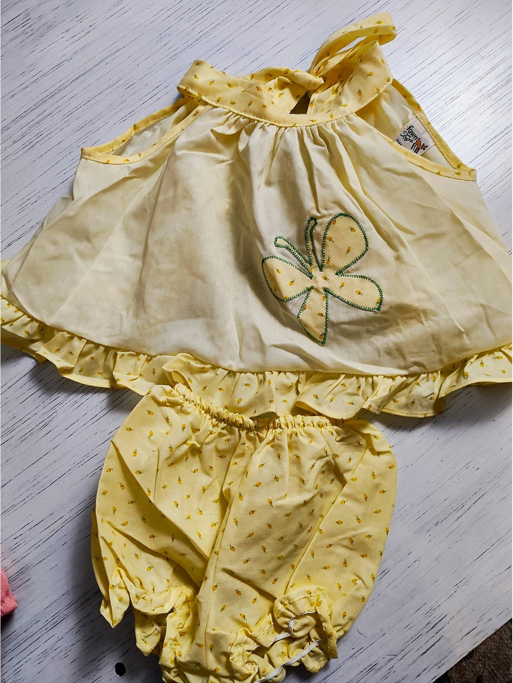 Vintage Fawn Joy Girls Yellow/White Floral Sleeveless Dress & Bloomer Set 9-12M